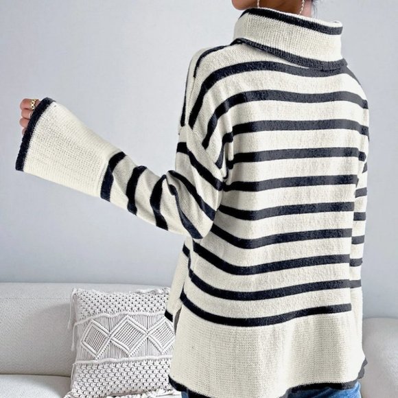 White Preppy Womens Striped Pattern High Neck Split Hem Sweater - Picture 3 of 5